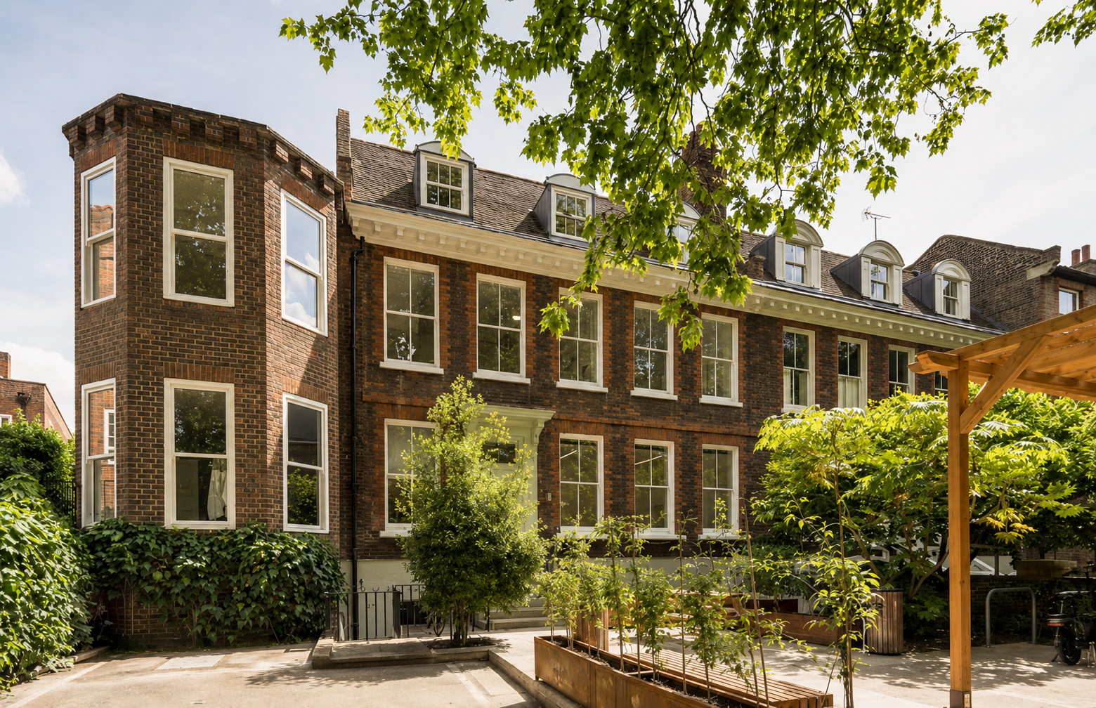 The exterior of the therapy building at Victoria Park Square, Bethnal Green